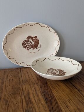 Royal China Early Morn Rooster - Brown Speckled - Serving Bowl Platter Set of 2